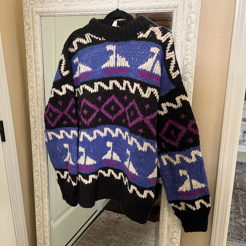 Cozy Black and Blue Patterned Wool Sweater